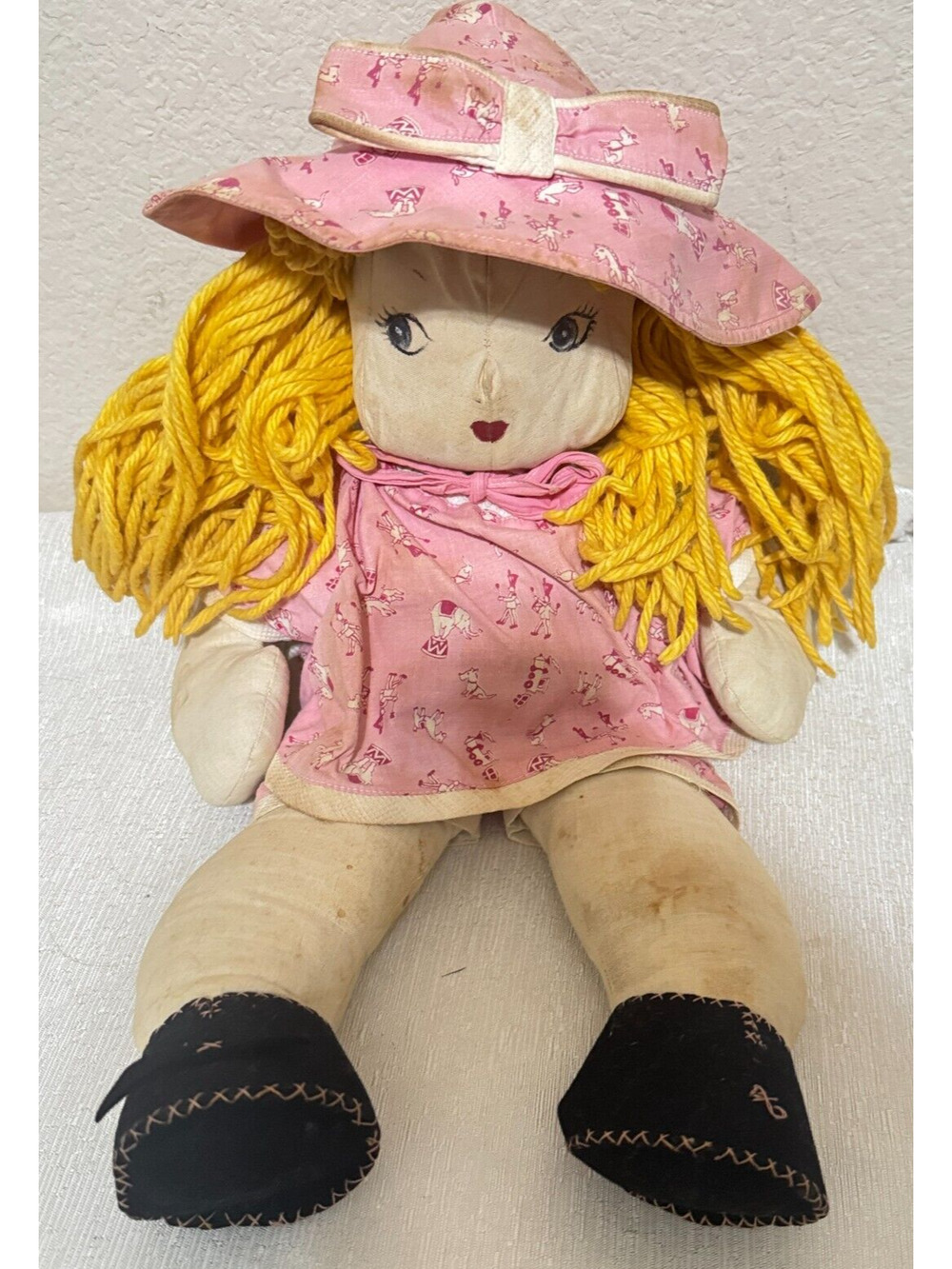 Vtg DOLL Cloth Rag Pink Prairie yellow yarn hair Handmade 18” 70s